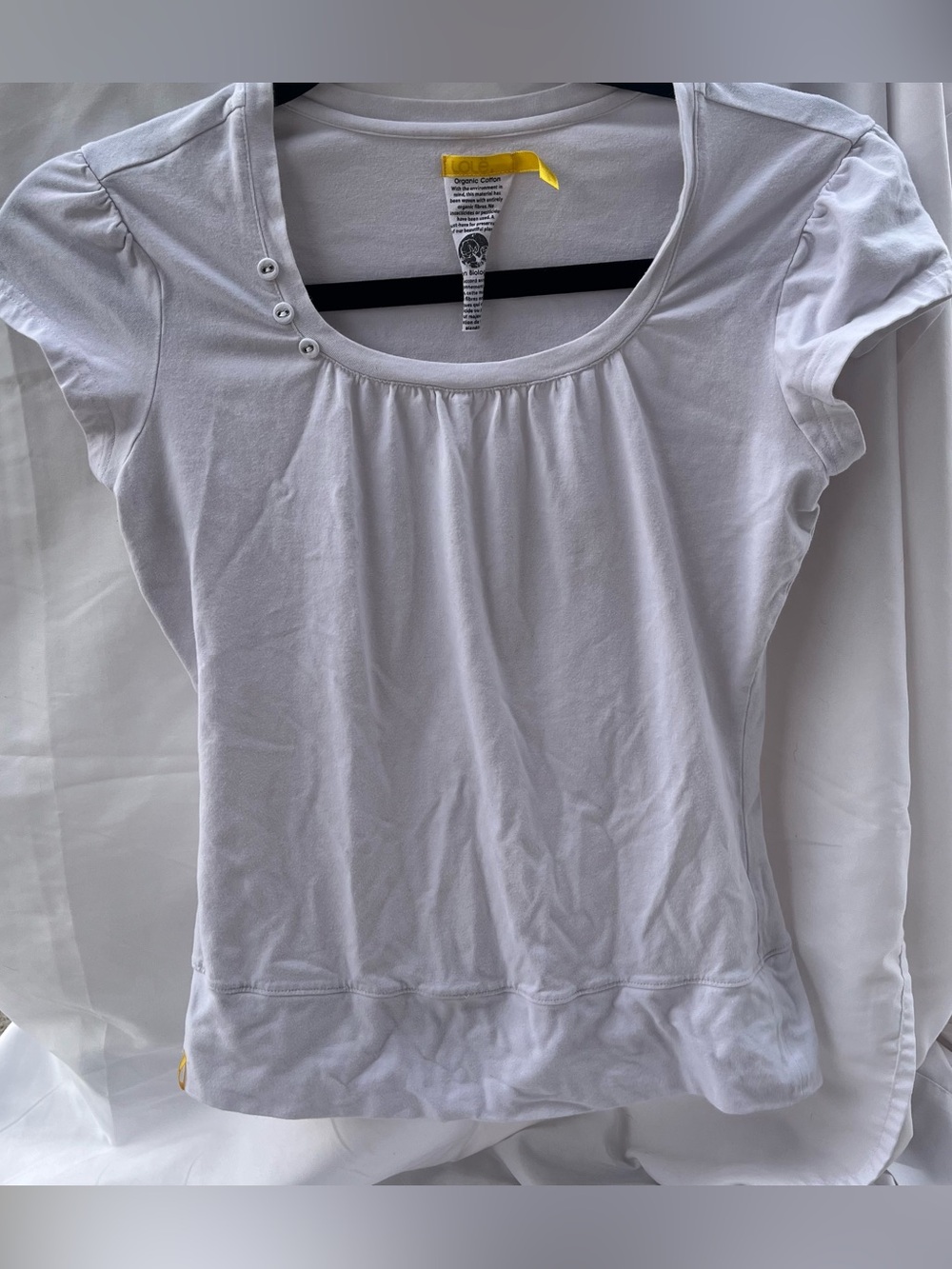 Lole White Scoop Neck Short Sleeve Tee with Button Detail